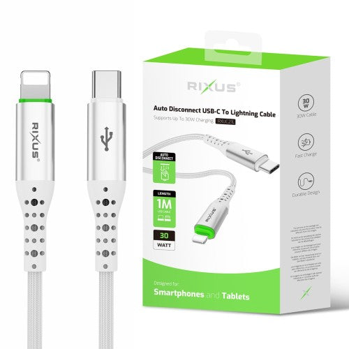 Rixus RXUC21L Auto Disconnect USB-C naar Lightning kabel 1m wit – productdetail