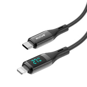 Rixus RXUC28L USB-C naar Lightning kabel met LED display, zwart, 1 meter lang, gevlochten afwerking.