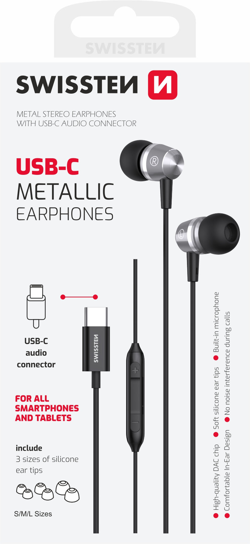 Swissten USB-C Metallic Oordopjes – 1,2 Meter – Zwart