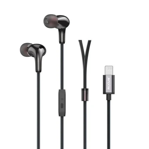 Rixus RXHD27L bedrade Lightning oordopjes zwart met in-ear ontwerp en Lightning-aansluiting.