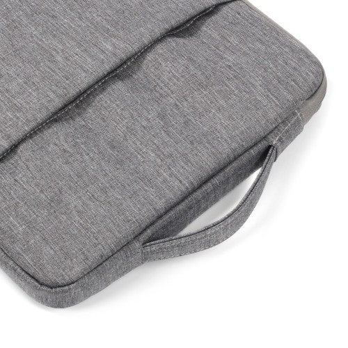 Grijze laptop sleeve 13-14 inch met handvat voor veilig vervoer van laptops.