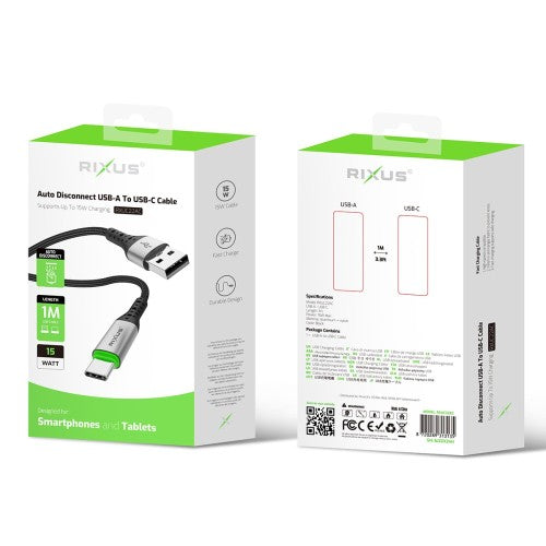 Rixus RXUC22AC Auto Disconnect USB-A naar USB-C kabel 1m zwart – productdetail