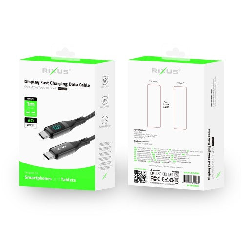 Rixus RXUC28C USB-C naar USB-C nylon kabel met LED display 1m 60W zwart – kabeldetail