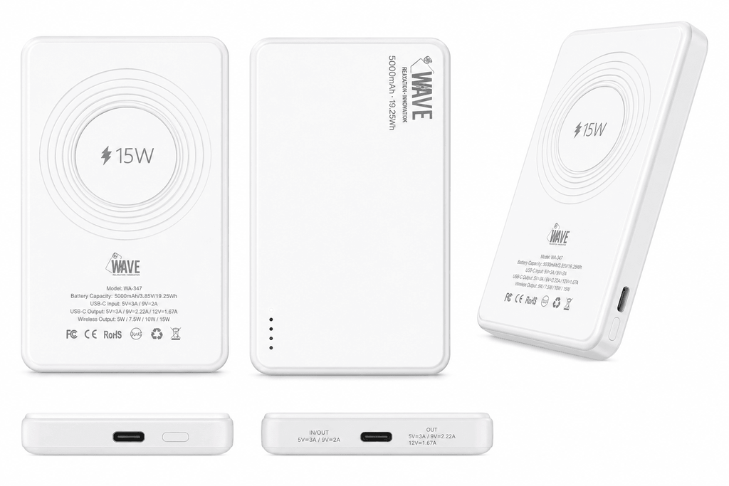 Wave WA-347 MagSafe Powerbank 5000mAh – 15W Draadloos Opladen & USB-C Snelladen – Wit - Laad Centrum