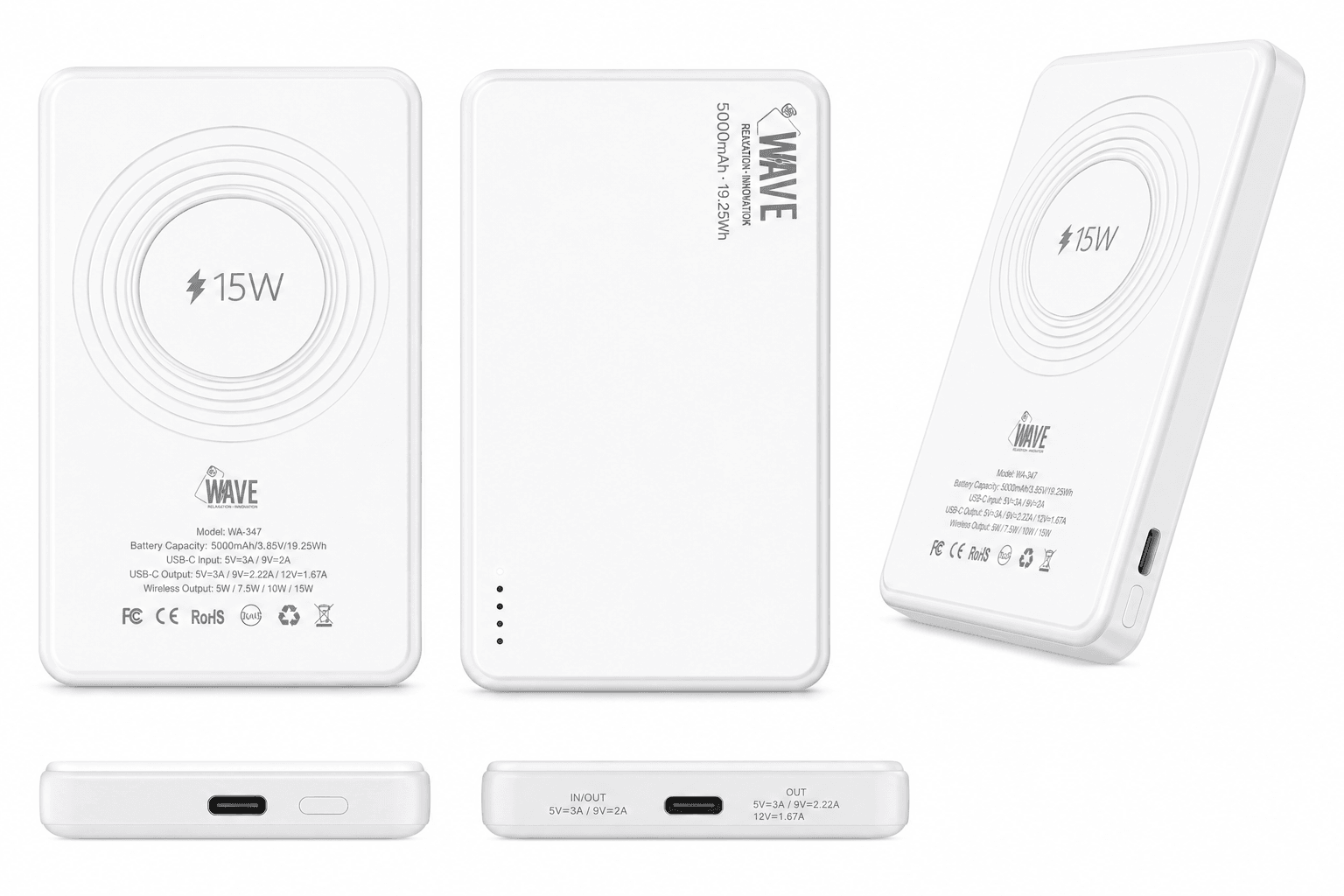 Wave WA-347 MagSafe Powerbank 5000mAh – 15W Draadloos Opladen & USB-C Snelladen – Wit - Laad Centrum