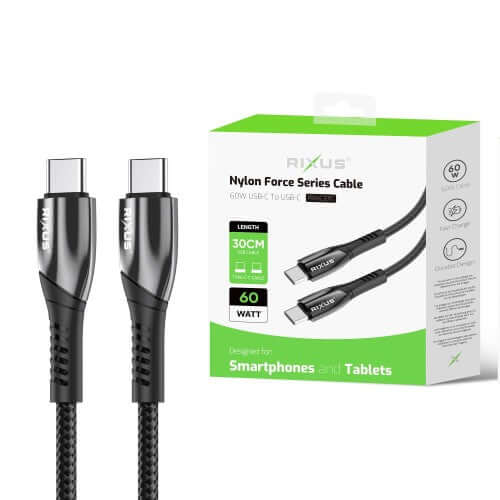 Rixus RXUC37C USB-C naar USB-C kabel 30cm nylon met zwarte gevlochten afwerking en verpakking.