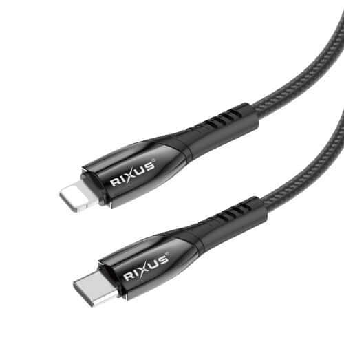 Rixus RXUC30L USB-C naar Lightning datakabel met metalen afwerking in metaalgrijs.