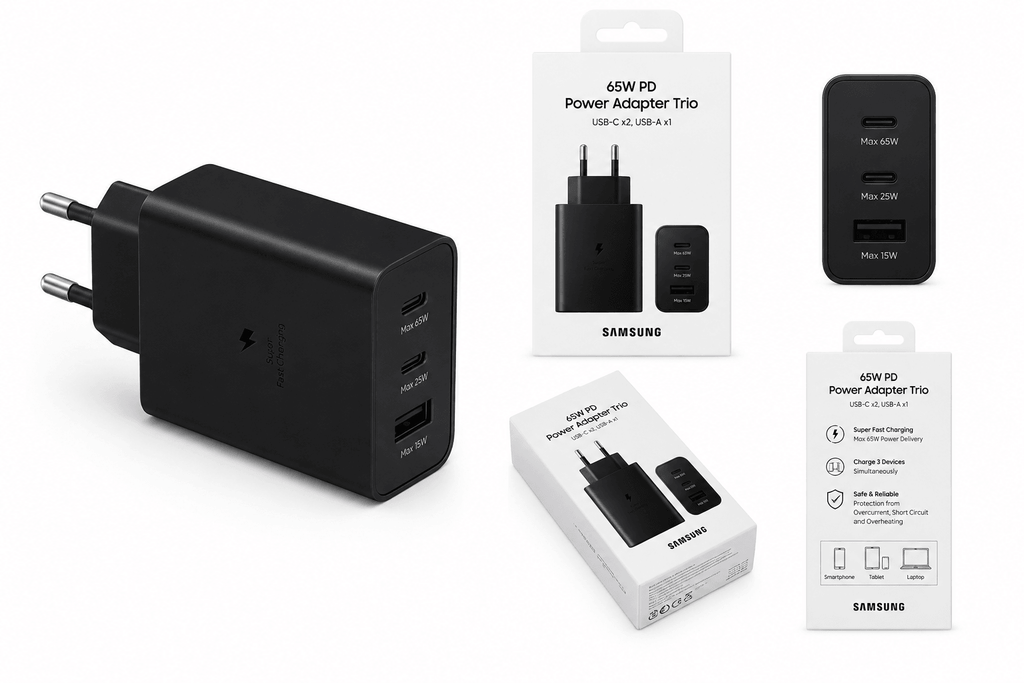 Samsung 65W Power Adapter Trio – 2x USB-C & 1x USB-A Super Fast Charger – Zwart (Retail) - Laad Centrum