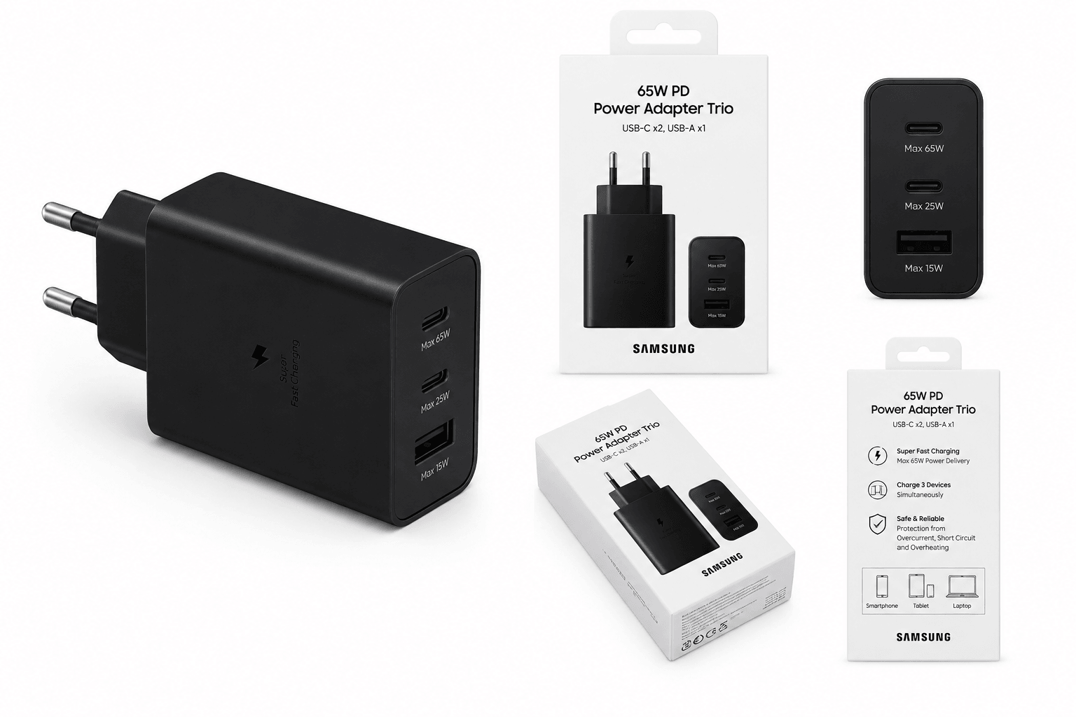 Samsung 65W Power Adapter Trio – 2x USB-C & 1x USB-A Super Fast Charger – Zwart (Retail) - Laad Centrum