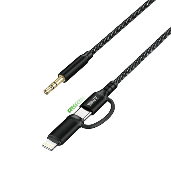 Wave WA-348 2-in-1 Lightning/USB-C auf 3,5-mm-AUX-Kabel – Schwarz