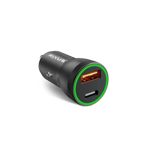 Rixus RXCC11 USB-C PD + QC Autolader 20W - Zwart. Compacte autolader voor snel opladen onderweg.