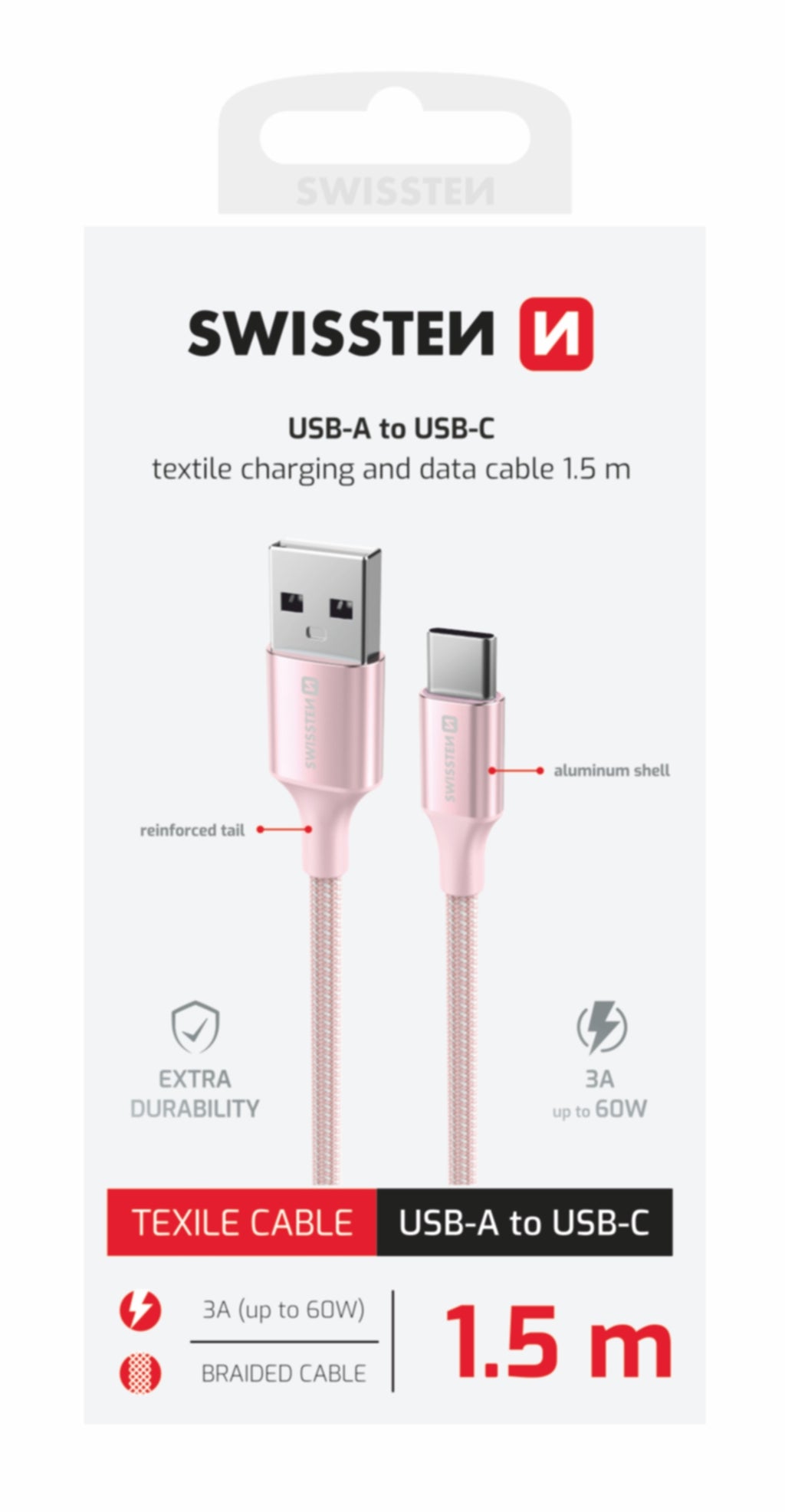 Swissten USB-A naar USB-C Kabel – 1,5 Meter – Roze voor Eenvoudig Opladen - Laad Centrum