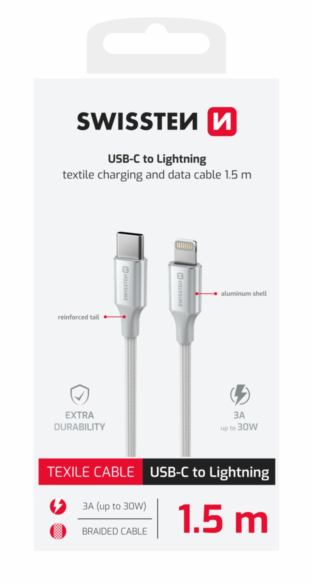 Swissten Textile II Laadkabel - USB-C naar Lightning - 1,5 Meter - Wit Voor Optimale Oplaadervaring - Laad Centrum
