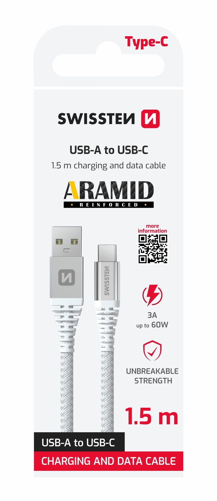 Swissten USB-A naar USB-C kabel – 1,5 Meter – Aramideversterkt voor Duurzaam Opladen - Laad Centrum