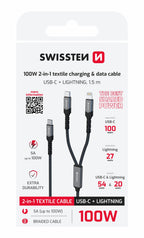 Swissten Textile 2-in-1 USB-C + Lightning Kabel (100W) – 1,5 Meter
