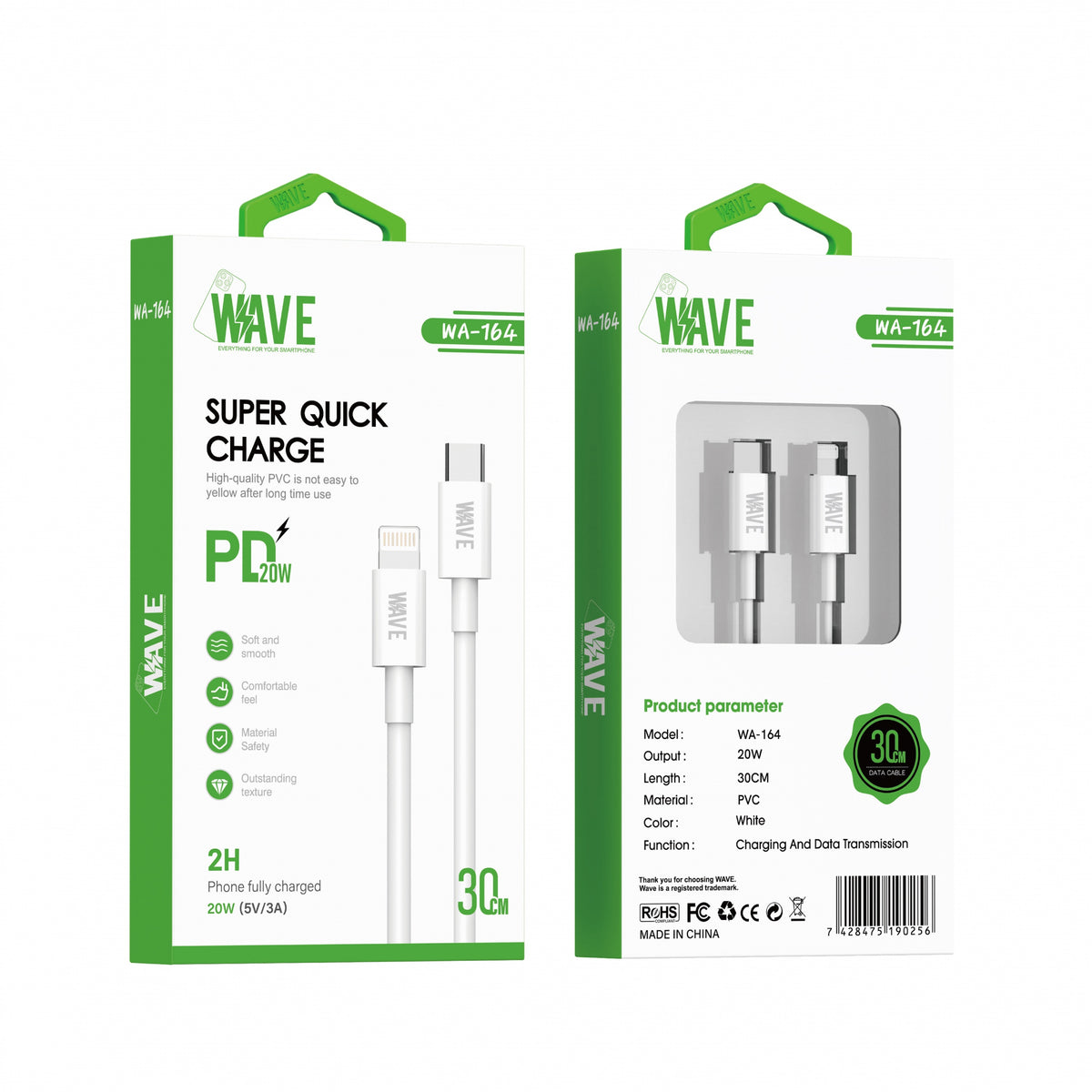 Wave WA-164 USB-C-auf-Lightning-PD-Kabel 20 W, 30 cm – Weiß