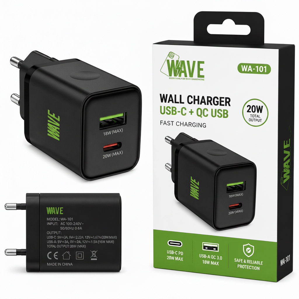 Wave WA-101 Snellader 20W – USB-C PD + USB-A QC 3.0 Wandlader – Zwart - Laad Centrum