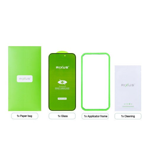 Rixus Privacy Full Curved Edge Tempered Glass voor iPhone 17 met applicator en reinigingsset - privacy screenprotector iPhone 17