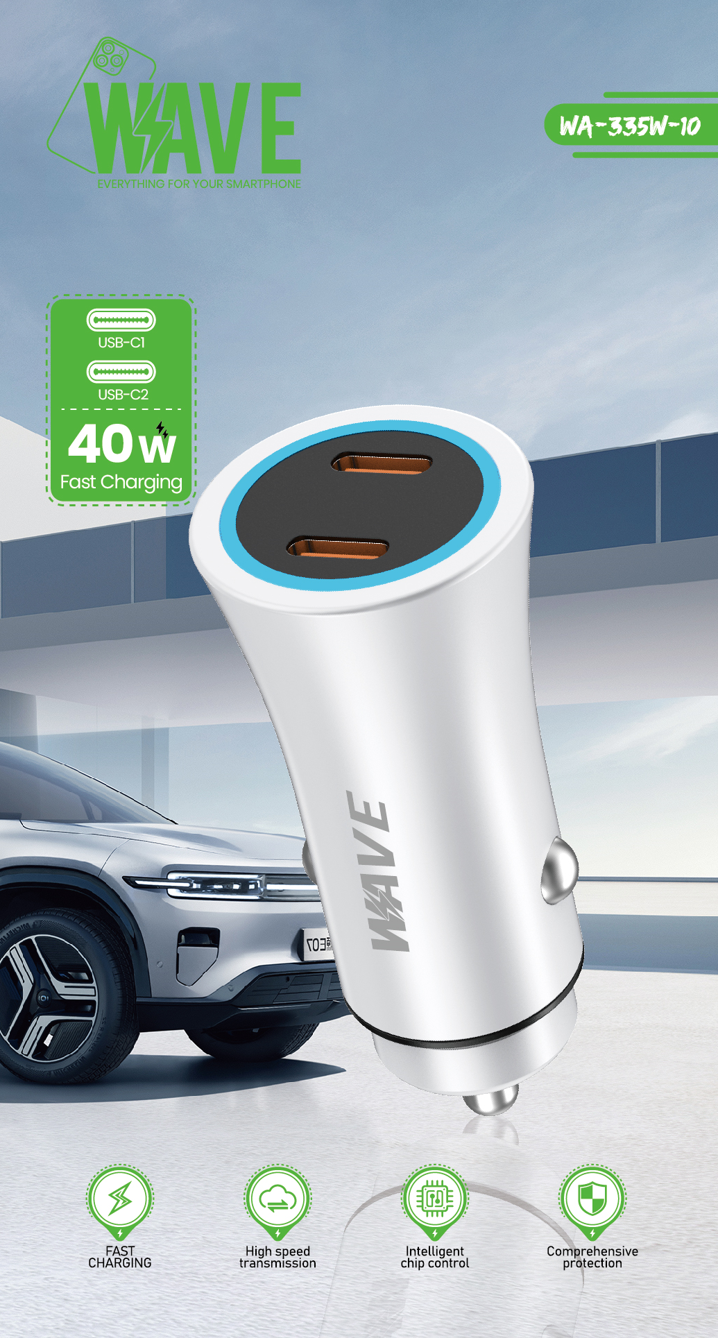 Wave WA-335W-10 Kfz-Ladegerät 40 W mit zwei USB-C-Ports und PD-Kabel – Weiß