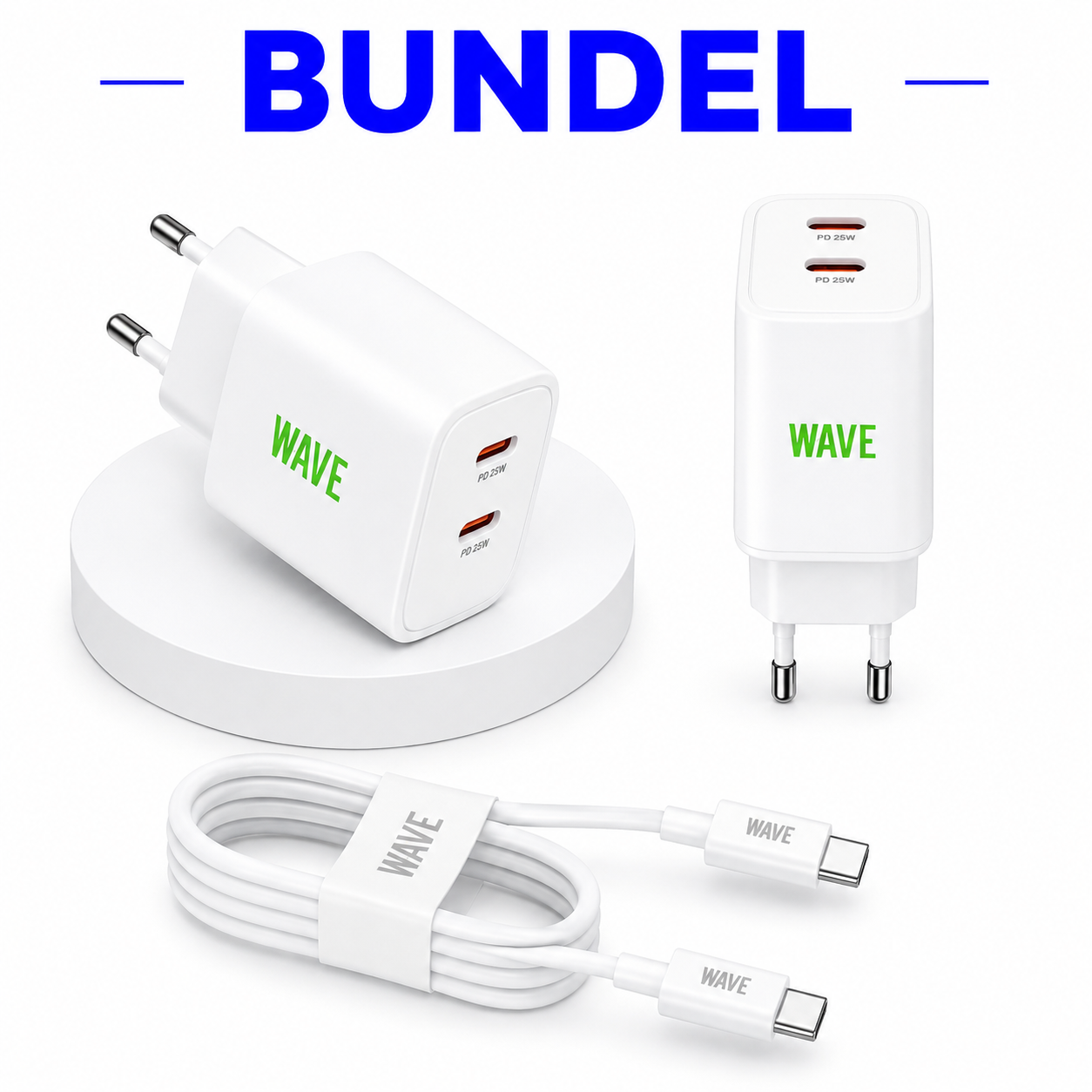 Wave WA-100-20 Travel Charger Dual USB-C 35W + USB-C naar USB-C Kabel 1M – Wit