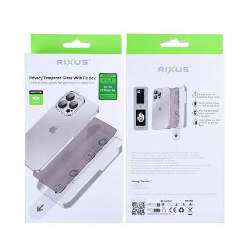 Rixus Privacy Schutzglas mit Fit Box für iPhone 14 / 13 / 13 Pro / 16e / 17e