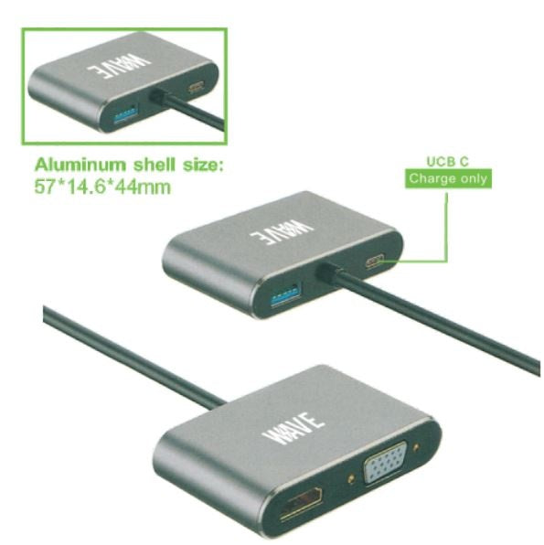 Wave WA-130 Adapter 4-in-1 USB-C auf HUB PD HDMI+VGA+USB