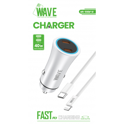 Wave WA-335W-10 Kfz-Ladegerät 40 W mit zwei USB-C-Ports und PD-Kabel – Weiß