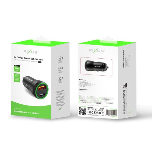 Rixus RXCC11 USB-C PD + QC Autolader 20W – Zwart