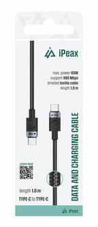 iPeax USB-C naar USB-C Kabel – 1 Meter – Zwart voor Eenvoudig Opladen