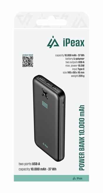 iPeax 10.5W Dual USB-A Powerbank 10.000 mAh – Zwart