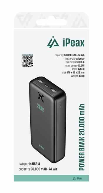 iPeax Dual USB-A Powerbank 10.5W – 20.000 mAh – Zwart