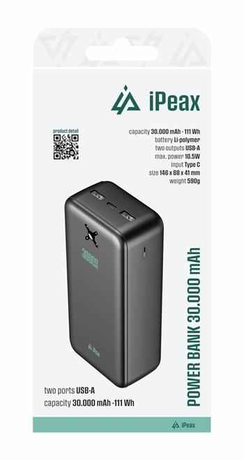 iPeax Dual USB-A Powerbank 10.5W – 30.000 mAh – Zwart