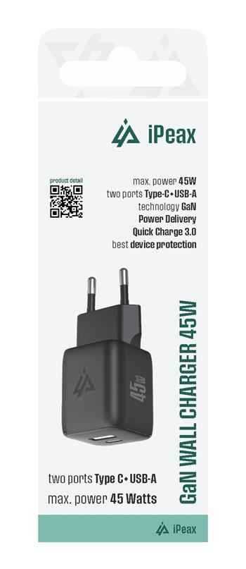 iPeax GaN USB-C + USB-A Wandoplader 45W – Zwart – 90010128