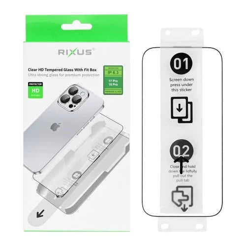 Rixus Clear HD gehard glas screenprotector iPhone 17 Pro 18 Pro met montage-instructies en Fit Box