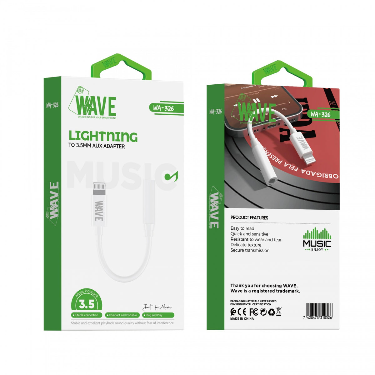 Wave WA-326 Lightning to Aux Adapter jack 3.5 mm | (Just Music) (wit)