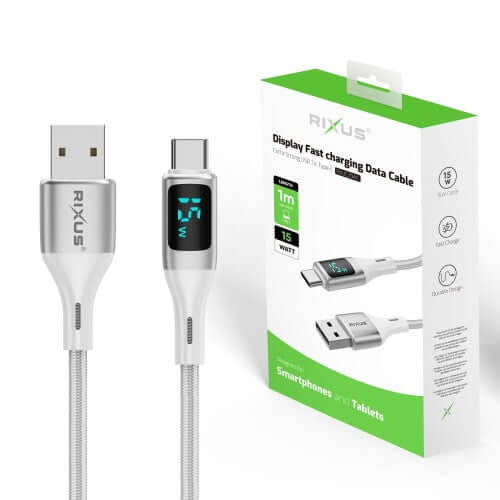 Rixus RXUC29AC USB-A naar USB-C kabel met LED-display, gevlochten, wit, 1 meter, snel opladen
