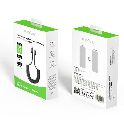 Rixus RXUC17L intrekbare USB-C naar Lightning spiraalkabel zwart – productoverzicht