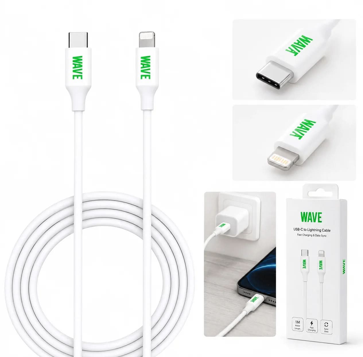 Wave WA-6 USB-C naar Lightning Kabel 1 Meter 20W (Wit) - Laad Centrum