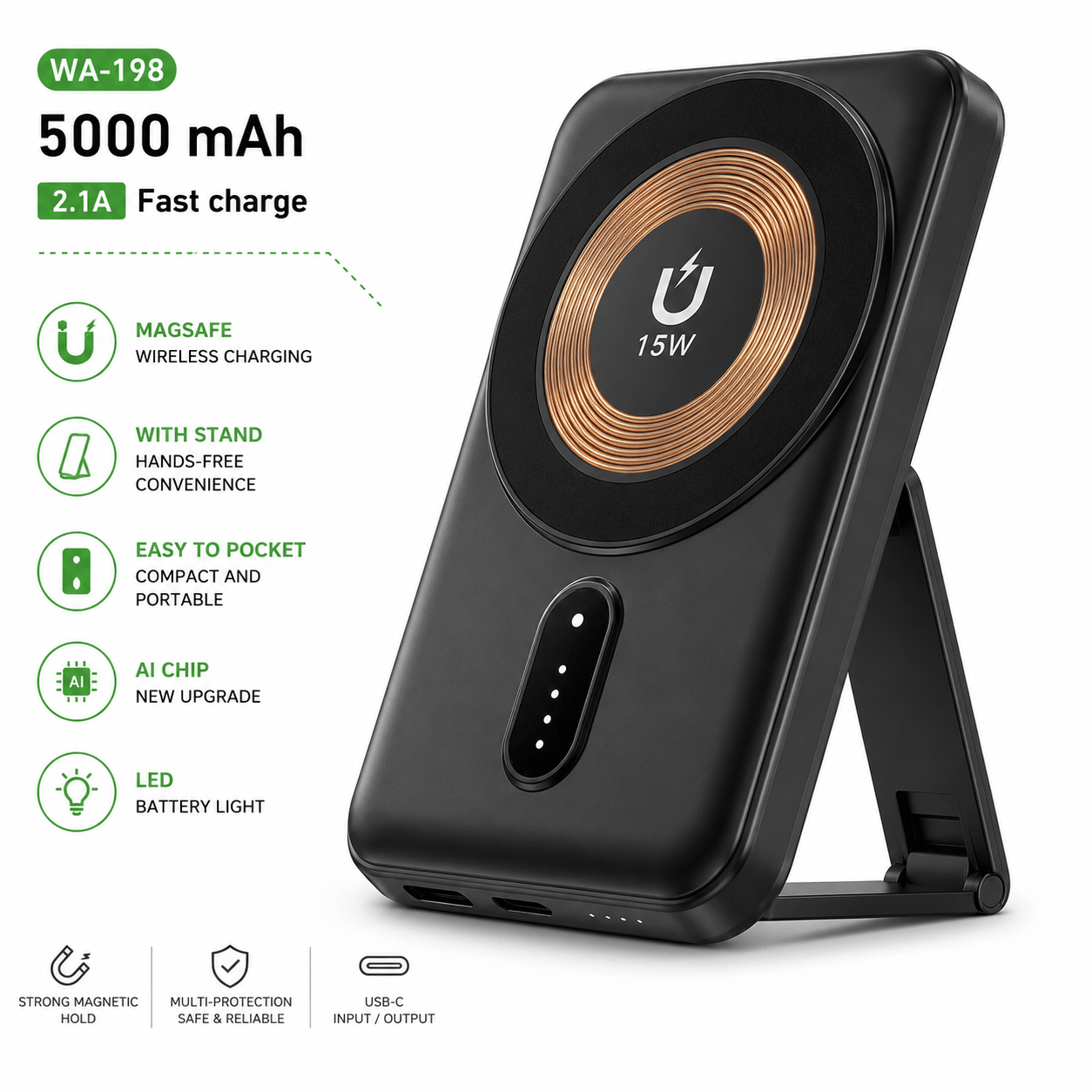 Wave WA-198 MagSafe Powerbank 5000mAh – 2.1A Snelladen met Opvouwbare Standaard – Zwart - Laad Centrum