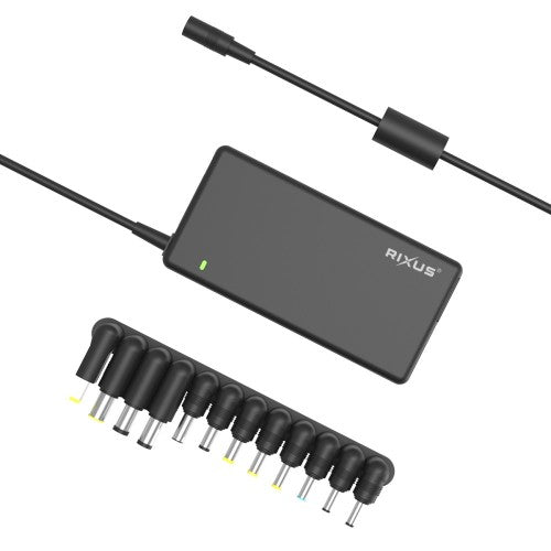 Rixus RXLC09 universele laptop oplader 90W zwart met verschillende aansluitstukken en voedingskabel.