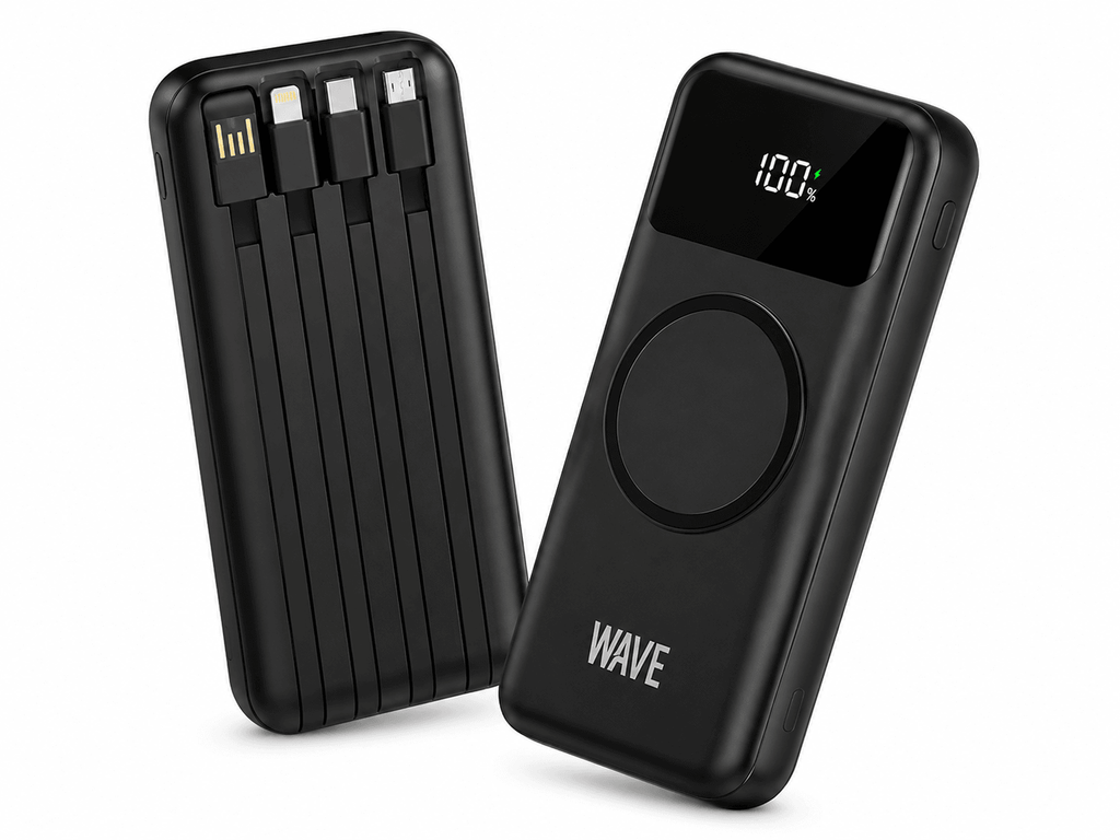 Wave WA-91 MagSafe Powerbank 20000mAh – Draadloos Opladen met 4 Geïntegreerde Kabels – Zwart - Laad Centrum