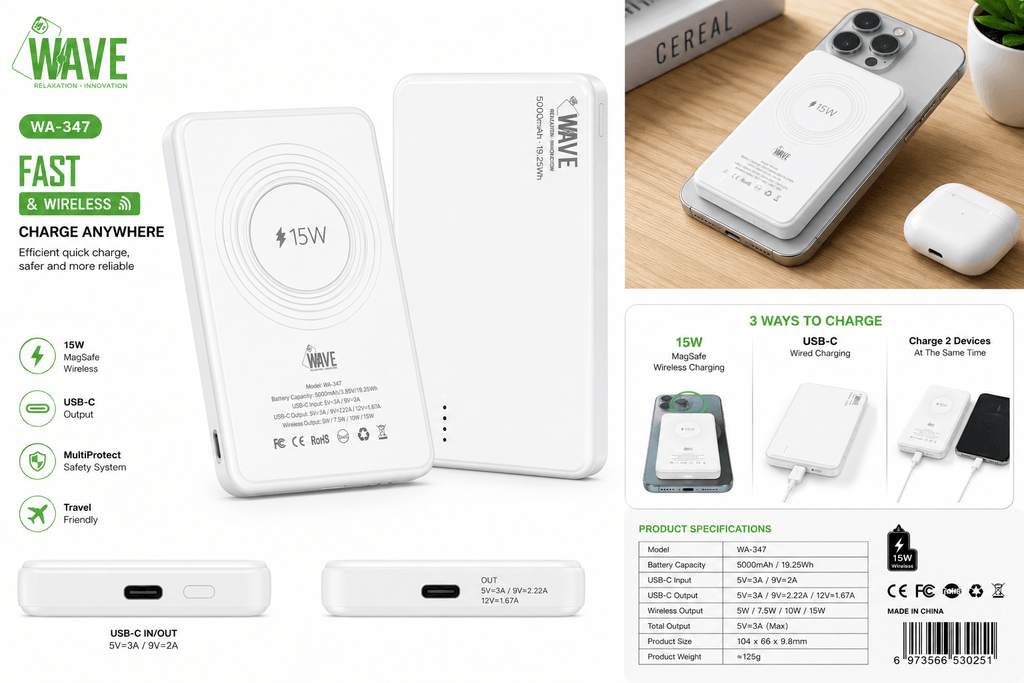 Wave WA-347 MagSafe Powerbank 5000mAh – 15W Draadloos Opladen & USB-C Snelladen – Wit - Laad Centrum