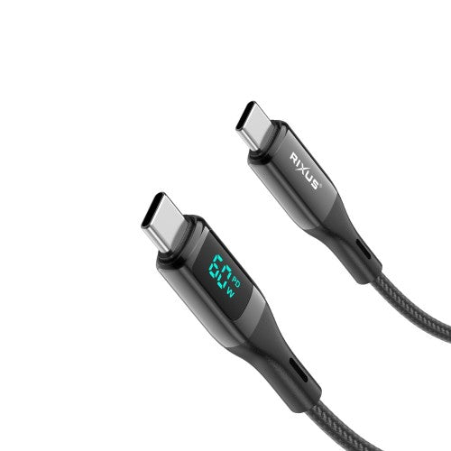 Rixus RXUC28C USB-C naar USB-C nylon kabel met LED display 1m 60W zwart – productdetail