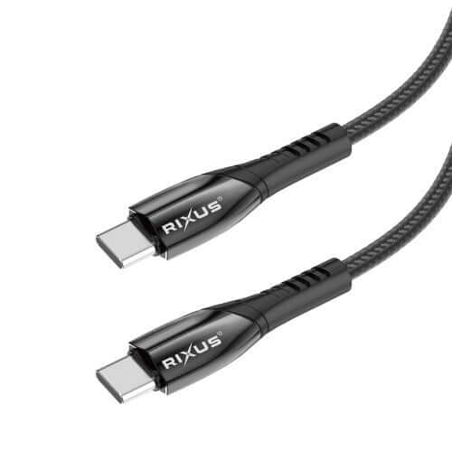 Rixus RXUC30C USB-C datakabel met metalen afwerking in metaalgrijs voor opladen en gegevensoverdracht.