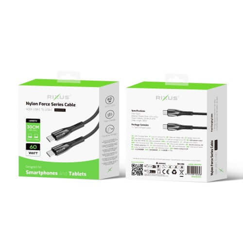 Rixus RXUC37C USB-C naar USB-C kabel 30cm nylon in verpakking, zwart, compact en praktisch voor opladen.
