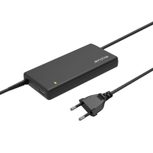 Rixus RXLC09 universele laptop oplader 90W zwart met stroomkabel en indicatielampje.