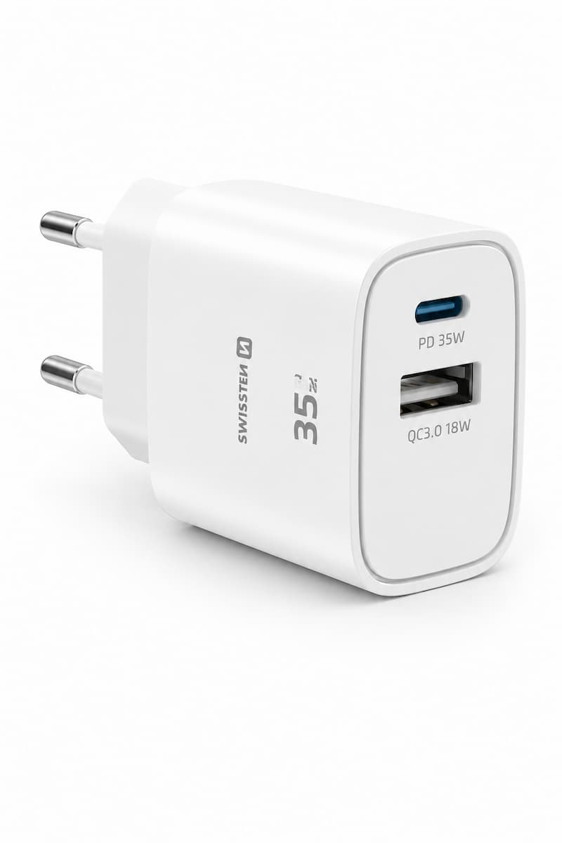 Swissten Edge USB-C + USB-A Travel Charger 35W GaN – Wit – 22071717 - Laad Centrum