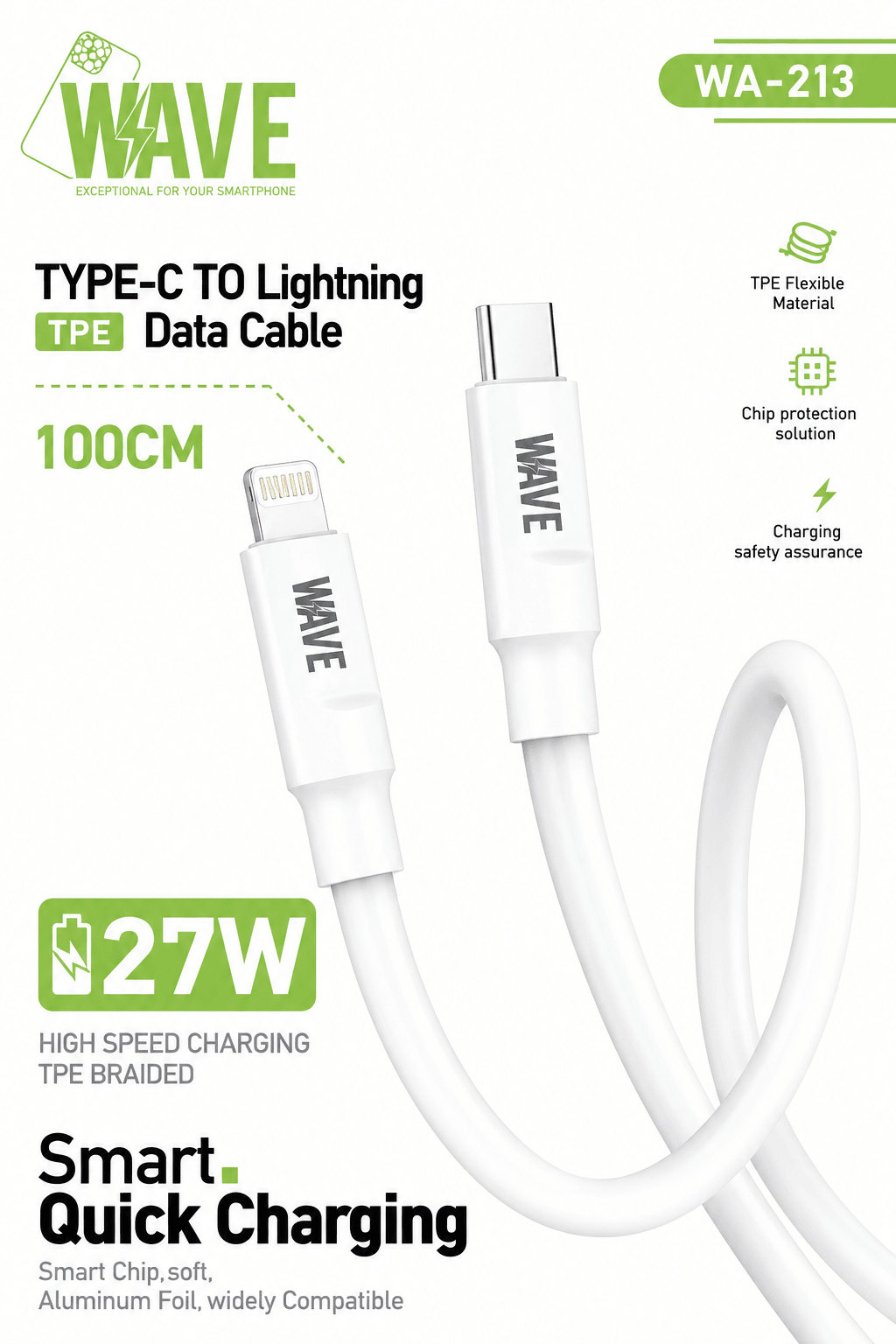 Wave WA-213 USB-C naar Lightning Snellaadkabel 27W – 1 Meter – Wit - Laad Centrum
