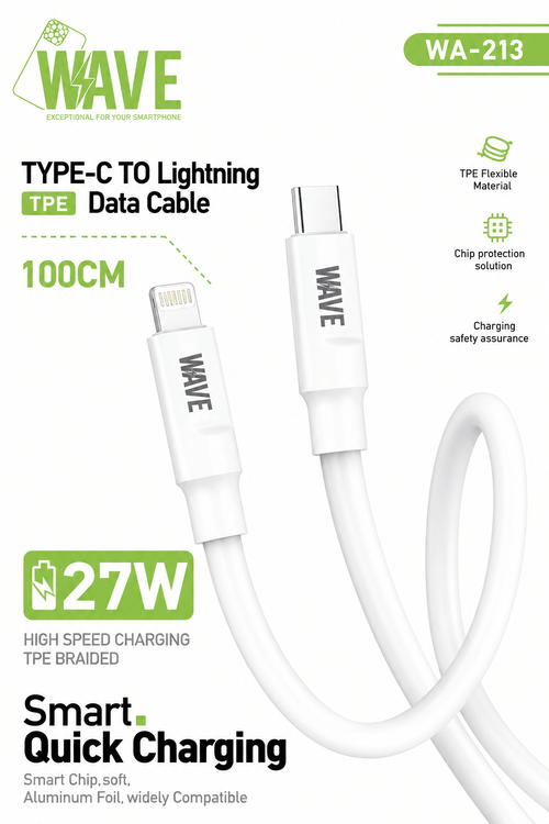 Wave WA-213 USB-C naar Lightning Snellaadkabel 27W – 1 Meter – Wit - Laad Centrum