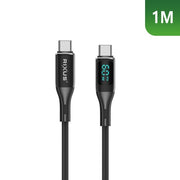 Rixus RXUC28C USB-C naar USB-C nylon kabel met LED display 1m 60W zwart – verpakking